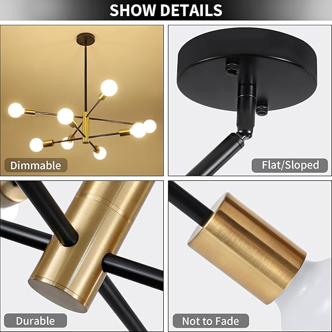 8-Light Modern Chandelier Sputnik Light, Entryway Chandelier Dining Room Lights Over Table, Black and Gold Foyer Lighting Chandeliers for Bedroom Living Room Light