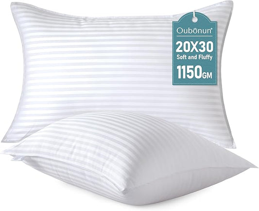 Oubonun Queen Size Pillows Set of 2 - Fluffy & Supportive Down Alternative Pillows with Zippered Cotton Cover - Breathable and Cool for All Sleeping Positions - Machine Washable - 20"x30"