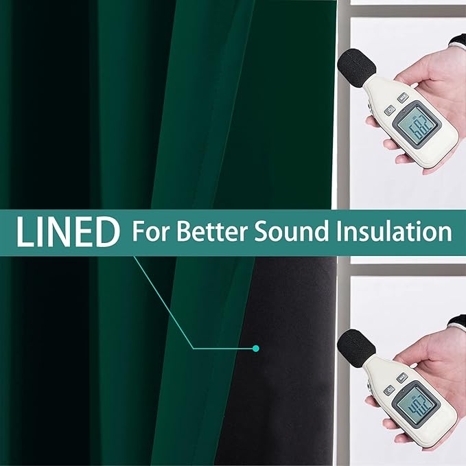 Yakamok 72 Inch Lengt 100% Blackout Thermal Insulated Curtains, Noise Reduction Black Lined Blackout Drapes with Grommet Top Curtains for Bedroom(52Wx72L,Dark Green, 2 Panels)