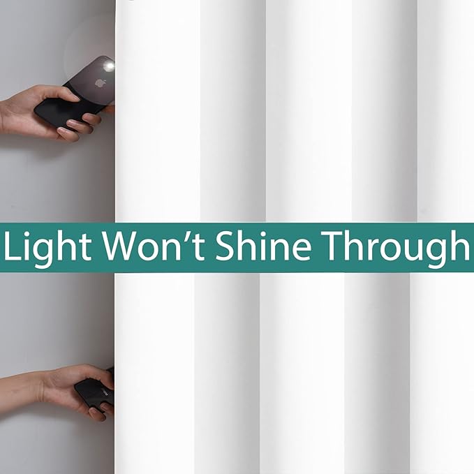 Yakamok Pure White 100% Blackout Curtains, 2 Thick Layers Completely Blackout Curtains Thermal Insulated Noise Reducing Drapes for Bedroom(52Wx90L, Pure White, 2 Panels)