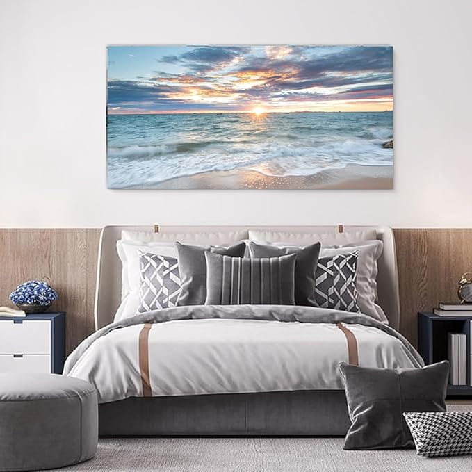Yxbhhym-Beach Sunset Wall Art Coastal Wall Décor Seascape Canvas Prints Ocean Wall Picture for Living Room Decor Waves Sea Poster Landscape Painting Bedroom Wall Art Office Artwork Home Decorations