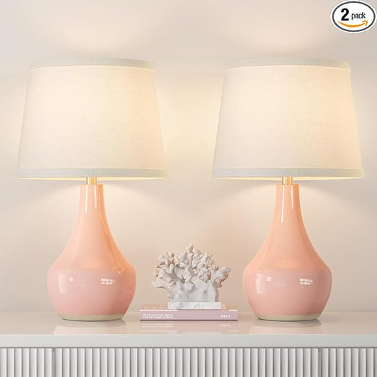 Seealle Modern Pink Table Lamps Set of 2 - Bedroom Lamps for Nightstand,19.4" Bedside Pink Lamp for Girls Room Living Room with Rocker Swtich