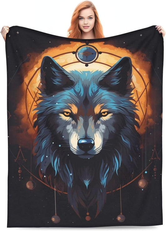 Catroon Wolf Dream Catcher Blanket Gifts Moon Wolves Flannel Throw Blankets for Home Decor Couch Bed Sofa Soft Fuzzy Lightweight for All Season 50x40 Inches