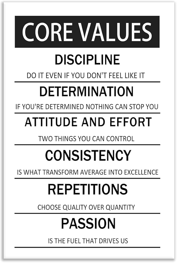 Core Values Motivational Wall Art Canvas Poster Black and White Inspirational Painting Print Artwork for Living Room Office Gym Modern Home Wall Decor Artwork Framed Ready to Hang [24''W x 36''H]