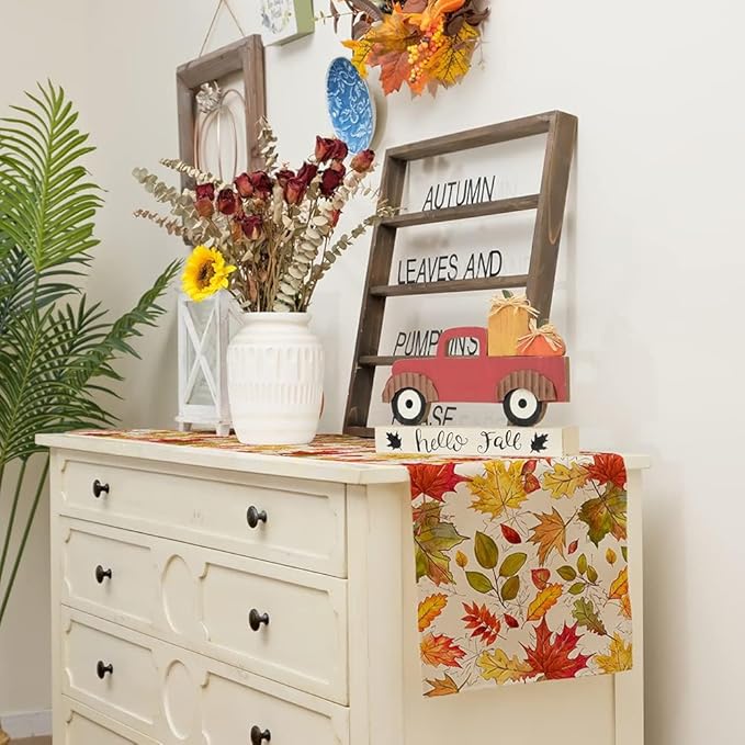 GEEORY Fall Table Runner 13x72 Inch, Maple Leaves Rustic Thanksgiving Farmhouse Decor Table Decoration for Kitchen Dinning, Indoor Outdoor Dinner Party (Orange Red Green Leaves) GT115-72