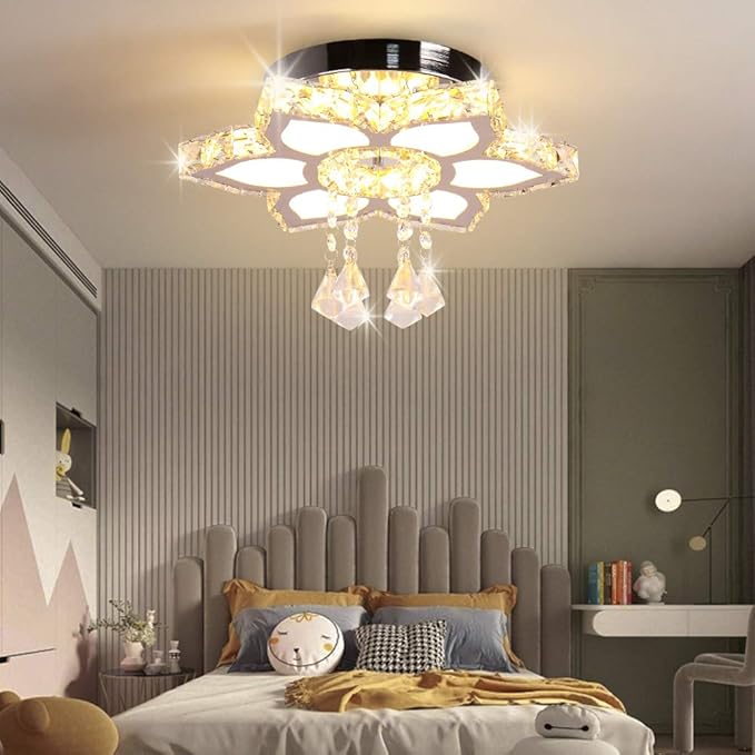 FRIXCHUR Chandelier LED Crystal Ceiling Light 13.4" Flower Shape Chandeliers Flush Mount Ceiling Light Modern Chandelier Lighting for Hallway Bedroom Dining Room Kitchen (Warm White)