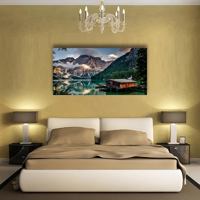 Green Lake Mountain Pictures Canvas Wall Art for Living room Bedroom Wall Decor, Mountain Wall Art Print Paitnings for home Decor,Morden Artwork House in the lake Landscape Canvas Art