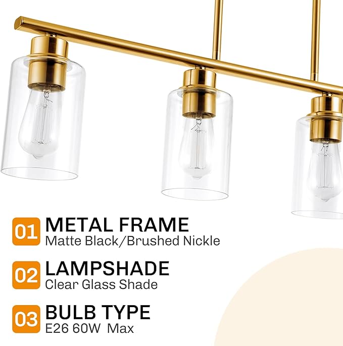 Kitchen Island Light, 5-Light Pendant Lighting, Farmhouse Industrial Dining Room Light Fixtures for Kitchen Island Dining Living Room, Brushed Gold with Clear Glass Shade