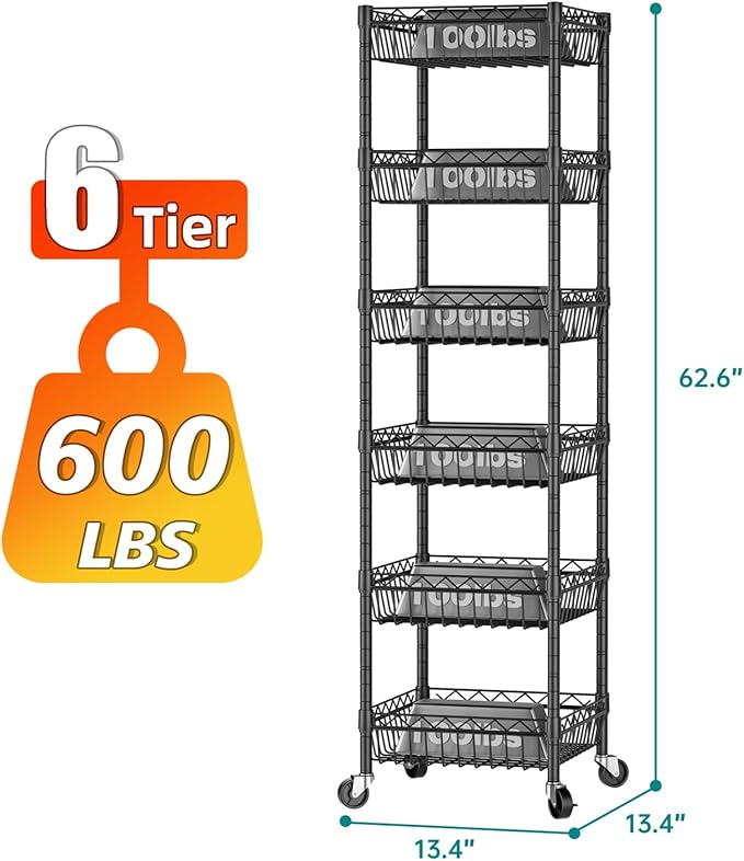 SINGAYE 6 Tier Shelf Wire Rack Shelving with Wheels Metal Storage Shelves Adjustable Closet Bathroom Organizers Baskets Pantry Kitchen Garage Laundry Room 13.5" D x 13.5" W x 63" H Black