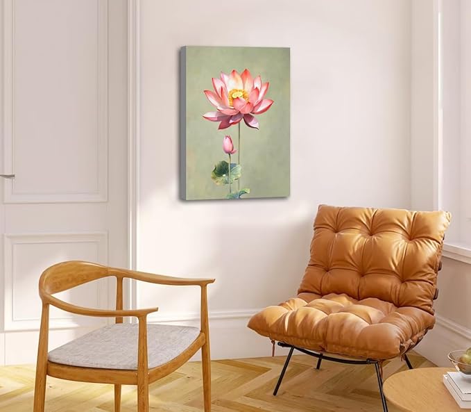 Framed Lotus Flower Canvas Wall Art Set Green Lotus Blossom Plant Floral Botanical Art Prints Minimalist Modern Wall Art Decor for Living Room Bathroom Kitchen Decor (12"x16"x3)