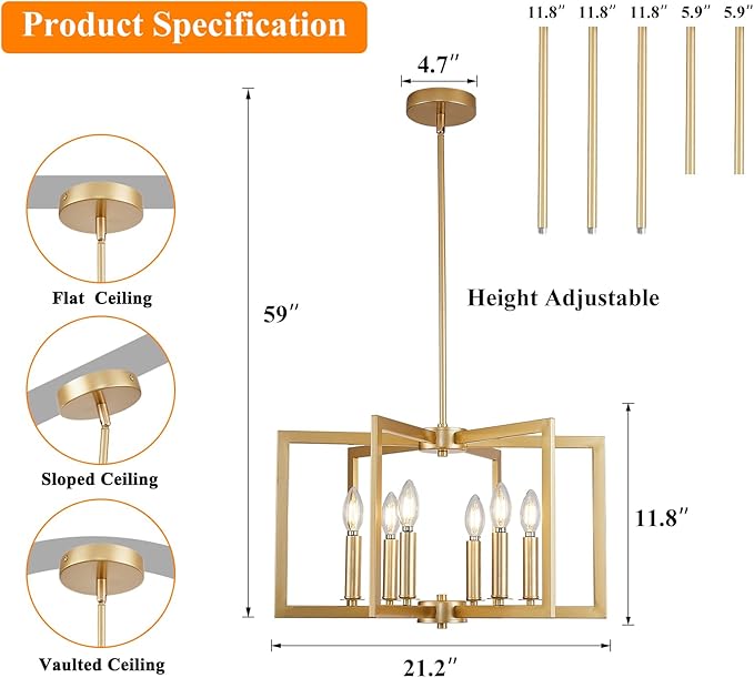 Dining Room Light Fixture Gold 6 Lights Modern Wrought Iron Farmhouse Chandelier Kitchen Island Lighting Golden Pendant Light for Living Room Foyer Entryway, E12 Socket, Height Adjustable,21.2"