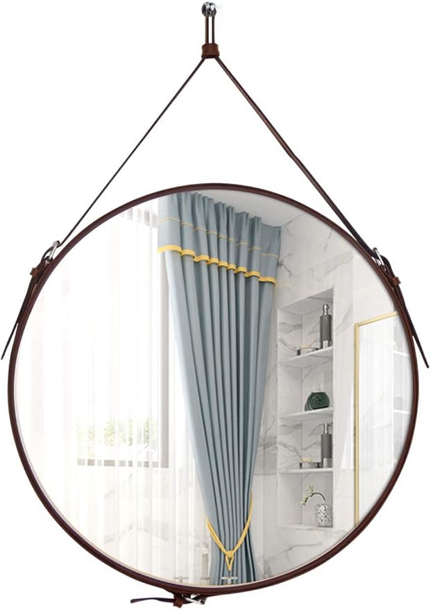 HofferRuffer Round Wall Mirror Decorative Mirror, Hanging Mirror with Hanging Strap Silver Hardware Hooker/Hanger (Brown, 20'')