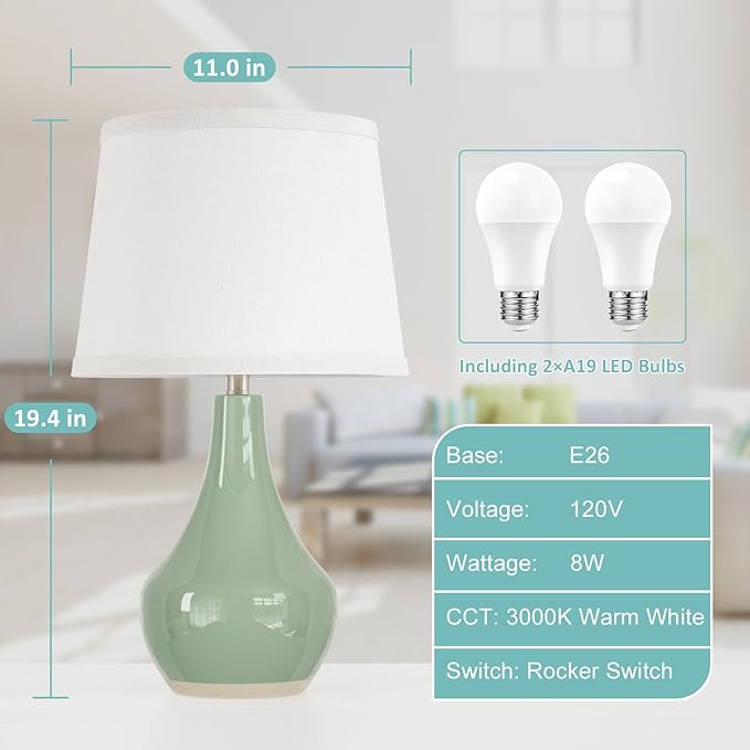 Seealle Modern Green Table Lamps Set of 2 - Bedside Lamps for Night Stands, 19.4" Bedroom Lamp for Living Room Sage Green Lamps with Rocker Swtich