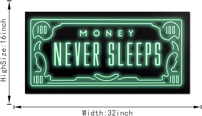 Framed Inspirational Office Wall Art, Money Posters Green 100 Dollar Artwork Money Never Sleeps Quote Wall Decor Motivational Picture for Modern Home Workplace Decorations - 32 x 16 in