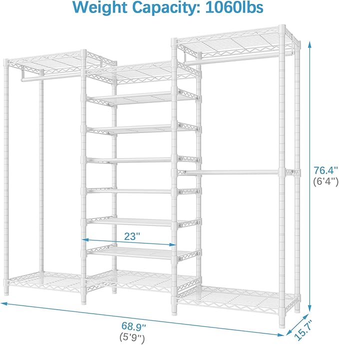 VIPEK S3 Freestanding Clothes Rack Heavy Duty Garment Rack 6-Tier Shoe Racks Closet Storage Organizer Large Wardrobe, Hanging Rod, Adjustable Metal Shelf, 68.9" L x 15.7" W x 76.4" H, White
