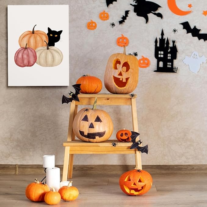 Generic Framed Autumn Canvas Print Wall Art Cat Halloween Print posters Halloween Poster Fall Wall Decor Rustic Home Wall Decoration 24x36 framed