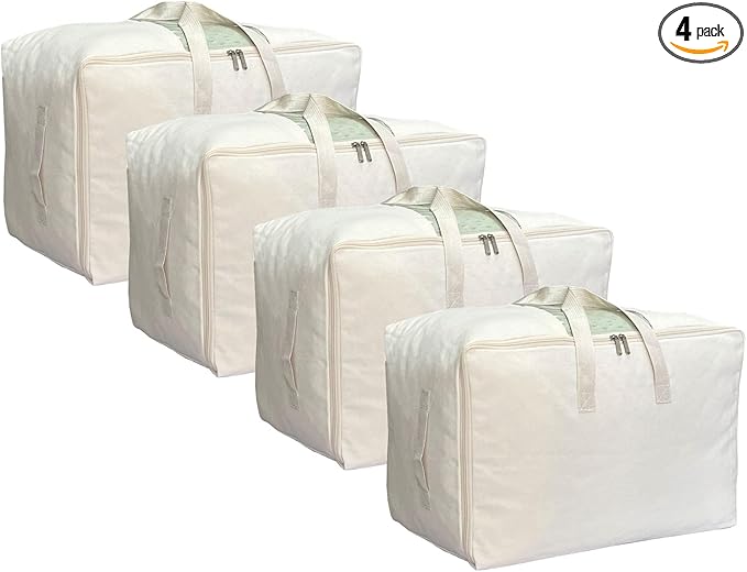 Soft Canvas Storage Bag with Zipper and Clear Window, Cotton Linen Organizer Storage for Pillow, Sweater, and Bedding, 55L, 4 Pack, Beige