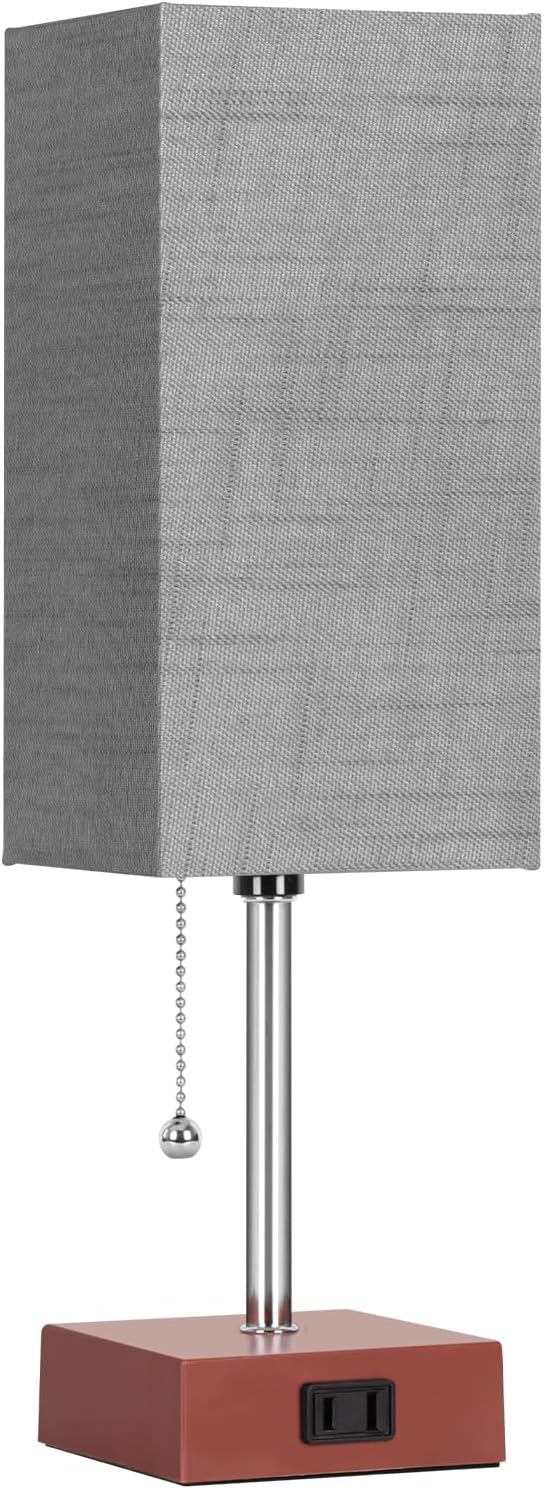 Bedside Table Lamp for Bedroom Nightstand, 3 Color Pull Chain Nightstand Lamps Set of 2 with AC Outlets, Square Gray Lampshade Bedside Lamp for Living Room, Office Desk, LED Bulb Included