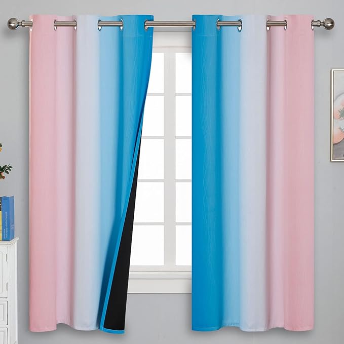 Estelar Textiler Pink and Blue Curtains 63 Inch Length 2 Panels, Ombre Total Blackout Curtains for Bedroom, Grommet Thermal Insulated Gradient Blackout Drapes for Kids Room, 42x63 Inch