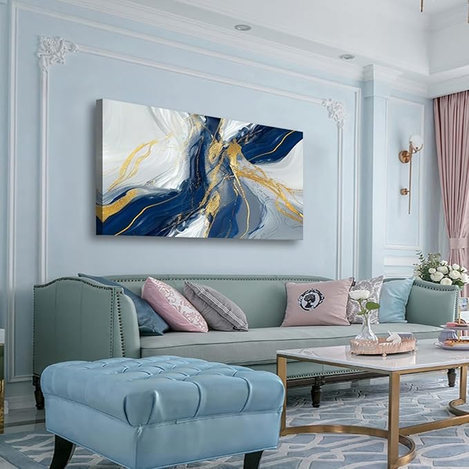 Golden Blue Wall Art Print Oil Paintings Abstract Canvas Wall Art for Living room Office Bedroom Modern Flow of White Golden Blue Pictures Wall Decor Artwork Waterproof Ready to Hang - 20in * 40inch