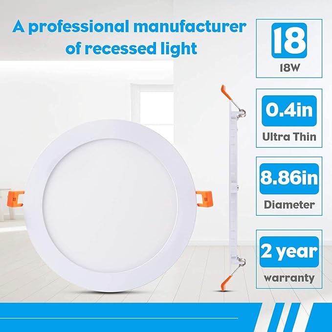 8 Inch LED Recessed Light with Junction Box, 8Pack Ultra Thin LED Recessed Lighting.6000K Daylight, No Dimmable,18W 8" Recessed Ceiling Canless Wafer Downlight.Slim Can-Killer Lights,CRI80+