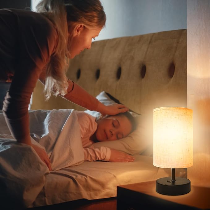 Small Table Lamp, Minimalist with Flaxen Shade, 9 Inch Design for Bedroom & Dorm Room, 2 Pack