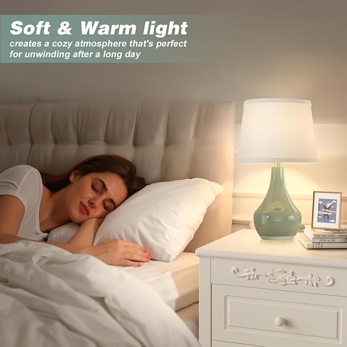 Seealle Modern Green Table Lamps Set of 2 - Bedside Lamps for Night Stands, 19.4" Bedroom Lamp for Living Room Sage Green Lamps with Rocker Swtich