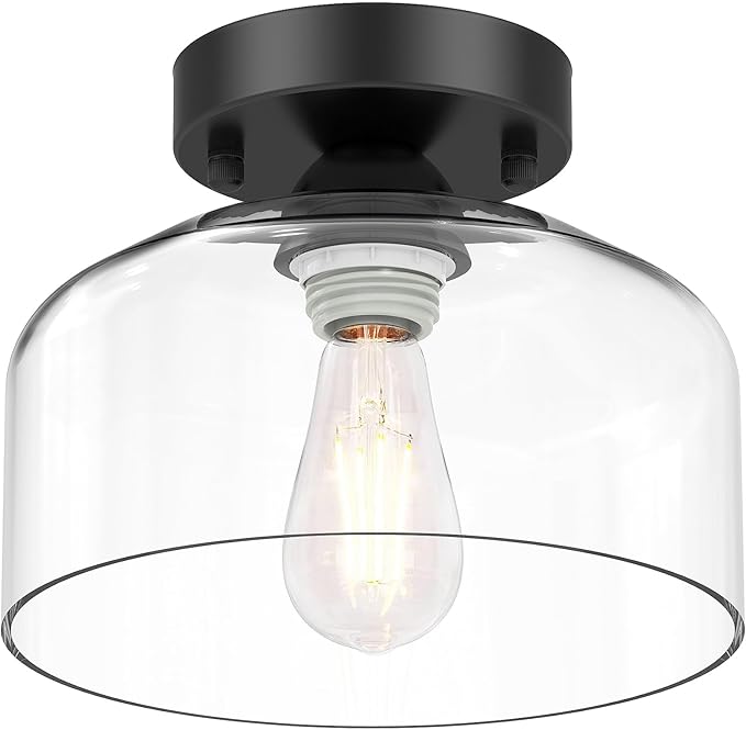 Semi Flush Mount Ceiling Light - Clear Glass Pendant Lamp Shade, Matte Black Finish, Modern Farmhouse Light Fixture for Hallway Corridor Kitchen Entryway Bedroom, Bulb Not Included