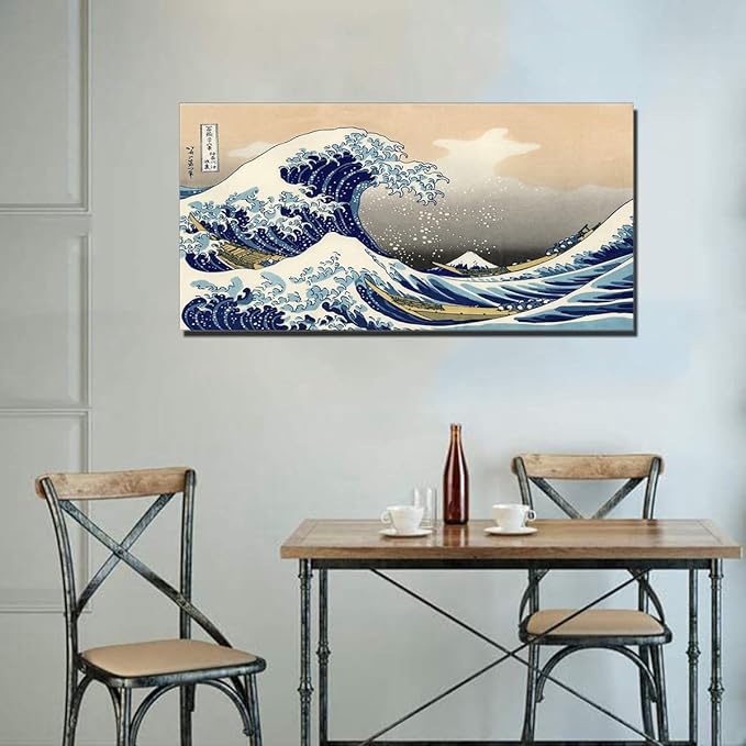 QBQT The Great Wave Off Kanagawa Japanese Famous Painting Prints Home Office Bedroom Decor Large Artwork for Living Room Kitchen Hallway Wall Decor Frame 20x40inch