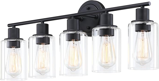 5-Light Black Bathroom Vanity Light Fixture Over Mirror - 5 Bulb Black Wall Sconce for Bathroom Bedroom Hallway Wall Mount Fixture Over Kitchen Sink