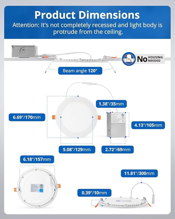 6 Inch LED Recessed Ceiling Light, 12W Dimmable Canless Wafer Downlight, Damp-Rated for Kitchen Living Room Basement Bathroom, Ultra Thin with Junction Box, 1000LM 7CCT 2700K-6500K, 20 Pack