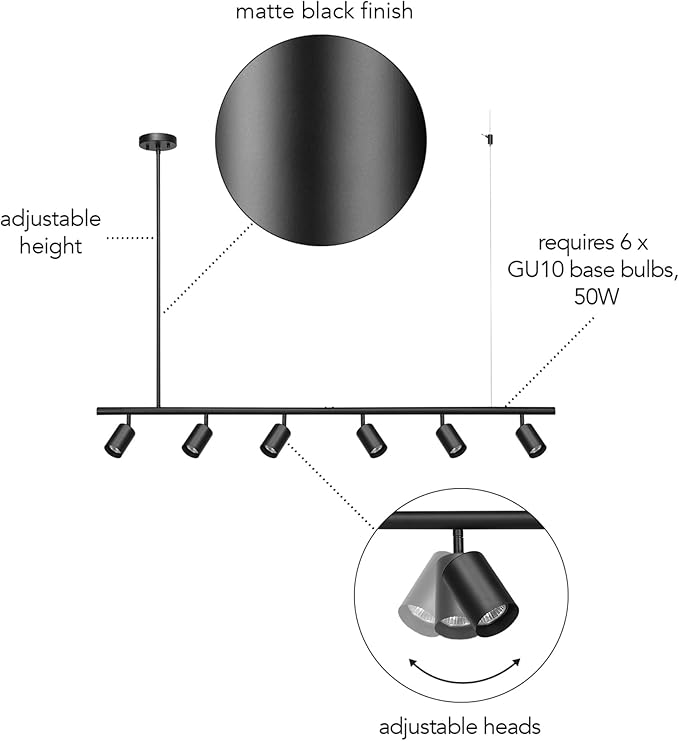 GLOBE Electric 64000123 55" 6-Light Adjustable Height Track Light, Matte Black, Pivoting Heads, GU10 Base Bulbs Not Included, Ceiling Light Fixture, Kitchen and Home Lighting Decor