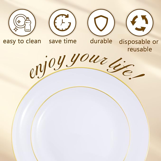 Nervure 100Pieces White with Gold Rim Plastic Plates - 7.5inch Disposable Gold Salad/Dessert Plate - White and Gold Plastic Plates Ideal for Wedding & Party & Thanksgiving