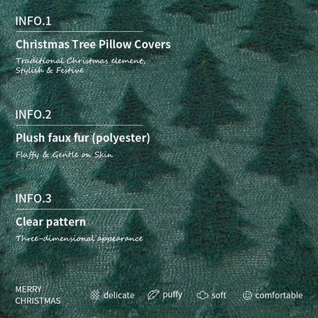 GEEORY Christmas Tree Throw Pillow Covers 16x16 Inch Set of 2, Xmas Winter Soft Plush Faux Fur Wool Decorative Farmhouse Holiday Cushion Case for Home Decoration (Green) GC003-16