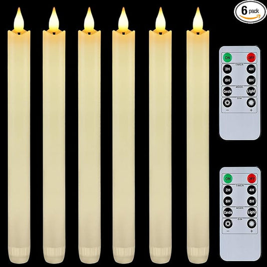 Homemory 6 Pcs Flameless Taper Candles with Remote Timer and Dimmer, LED Candle Sticks with Flickering Light, Ivory Battery Operated Window Candles, 9.6 Inches for Wedding Home Indoor Decoration