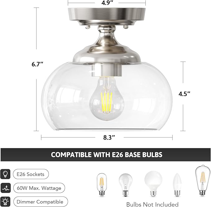 VONLUCE Industrial Semi Flush Mount Ceiling Light, 8.3" Ceiling Light Fixture with Clear Glass Shade, Farmhouse Lighting for Hallway Kitchen Bedroom Entryway, Brushed Nickel Flush Mount Light Fixture