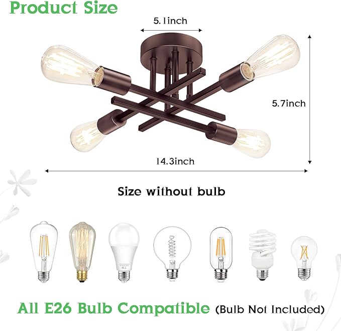 4-Light Semi Flush Mount Ceiling Light Fixture, Oil Rubbed Bronze Modern Industrial Sputnik Chandelier Light Fixture, Metal Flush Mount Ceiling Light for Kitchen Bedroom Living Room Closet, No Bulb