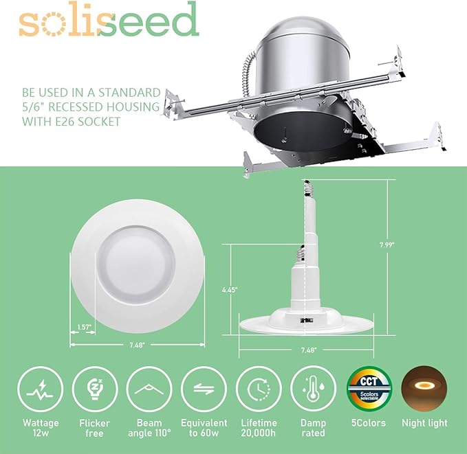 Soliseed 5/6 Inch LED Recessed Lighting with Night Light,5CCT Selectable 2700K-5000K Retrofit Downlight,12W=60W,800LM,Dimmable LED Replacement Can Lights,Easy Install,E26,6 Pack