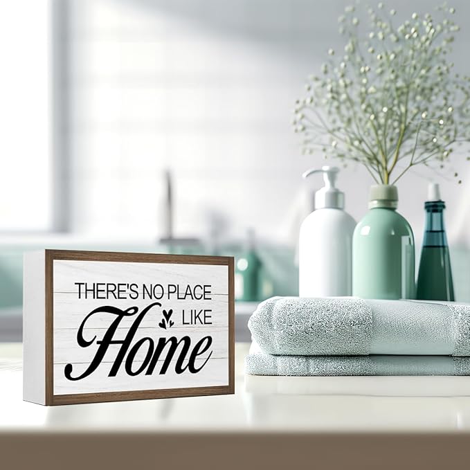 There's no Place Like Home Wooden Box Sign Desk Decor,Family Quotes Wooden Block Plaque Sign for Home Farmhouse Living Room Bedroom Shelf Table Wall Decor