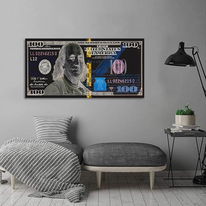 Large Size 1 Big Pcs Benjamin Franjlin 100 Dollar Canvas Wall Art Creative Motivational USD Money Artwork Office Home Decor for Walls Inspirational Gift for Men Gallery Wrapped Ready to Hang-48"Wx24"H