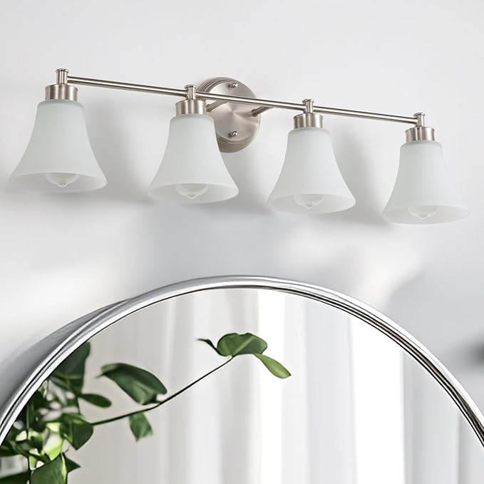 LOUSACE 4 Light Bathroom Vanity Light Brushed Nickel Bathroom Lighting Fixtures Over Mirror with Opal White Frosted Glass, Vintage Traditional Wall Lighting Fixture Satin Nickel Vanity Lights