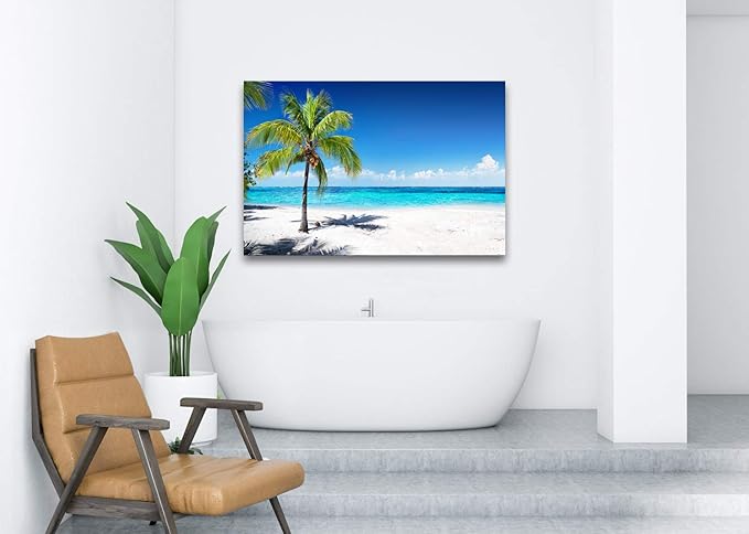 Baisuart-S03969 Large Canvas Wall Art Summer Ocean Waves Prints Coconut Trees on Sands Beach Seascape Painting Sea Nature Pictures Framed for Living Room Home Office Wall Decor Artwork