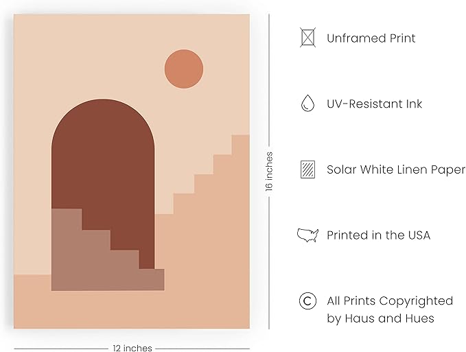 HAUS AND HUES Boho Art Prints Minimalist Decor - Boho Wall Art Mid Century Modern Decor, Minimalist Wall Art, Modern Art Wall Prints, Sun and Two Staircases (Unframed, 12x16)