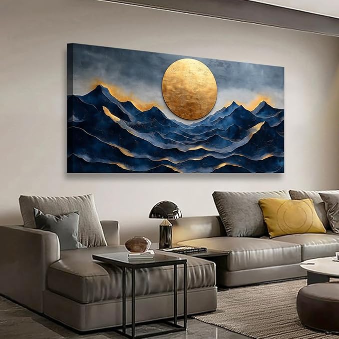 Golden Moon Pictures Canvas Wall Art for Living room Office Bedroom Wall Decor, Landscape Wall Art Print Paintings Modern Golden Blue Scenery Artwork Waterproof Ready to Hang-20x40inch