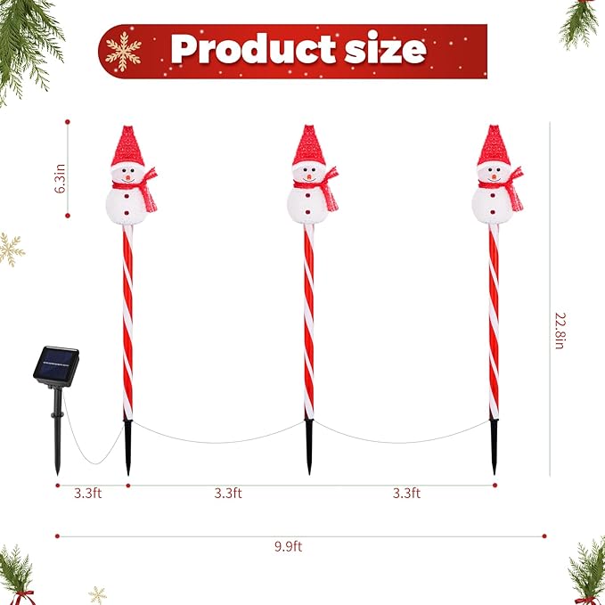 Set of 3 Snowman Solar Christmas Decorations, 8 Modes Solar Garden Lights, Candy Cane Christmas Stake Light, Outdoor Xmas Decor for Yard, Patio, Pathway (White)