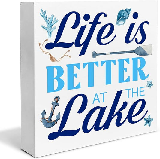 Summer Lake Decor Lake House Wood Block Sign Summer Decorations for Home Desk Table Shelf 5 x 5 Inches