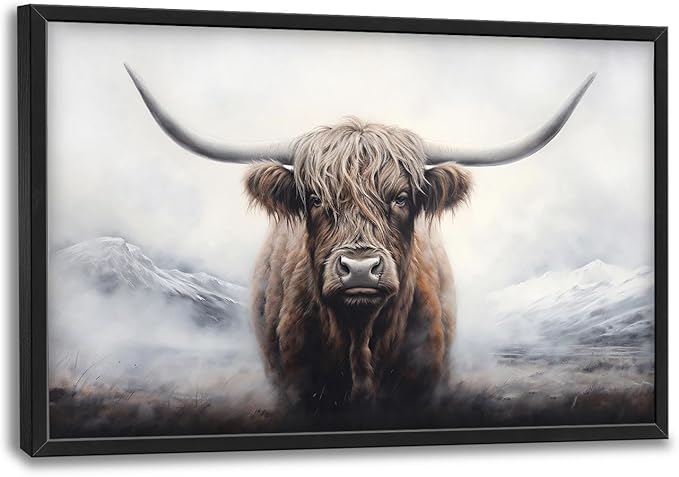Highland Cow Large Framed Wall Art Rustic Wild Animal Pictures Oversized Wall Decor Foggy Mountain Canvas Print Painting Aesthetic Modern Artwork for Living Room Bedroom Office Bathroom Home Decor 36L"x24W"