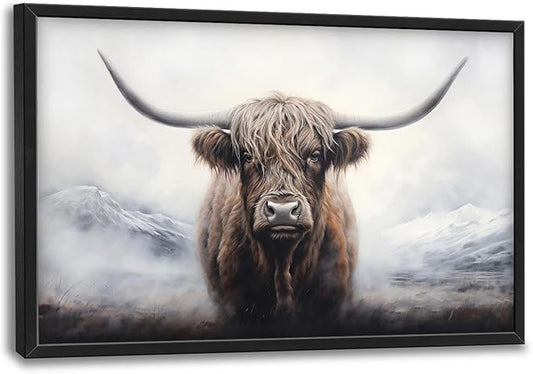 Highland Cow Large Framed Wall Art Rustic Wild Animal Pictures Oversized Wall Decor Foggy Mountain Canvas Print Painting Aesthetic Modern Artwork for Living Room Bedroom Office Bathroom Home Decor 36L"x24W"