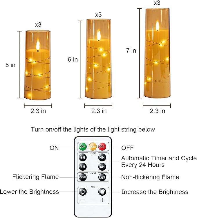 Raycare Flameless LED Candles with Embedded Star String, 9 Pcs Battery Operated Acrylic Pillar Candles with Timer and Remote, Flickering Candle for Romantic Ambiance and Home Decoration(Glod)