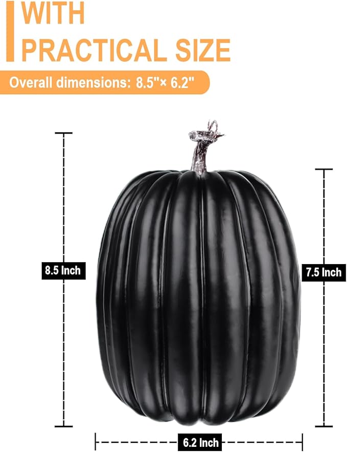 vensovo 2PCS 8 Inch Plastic Pumpkins for Decorating - Black & Orange Large Artificial Foam Pumpkins for Fall Decor, Halloween, Thanksgiving, Paintable for DIY Crafts & Centerpieces